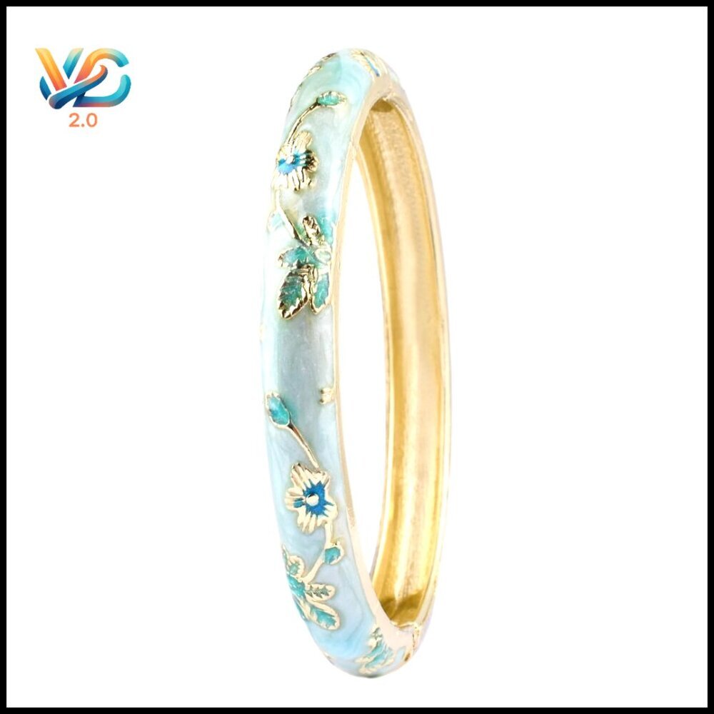 Vintage Floral Cloisonne Enamel Bangle Bracelet Spring Hinge Clasp